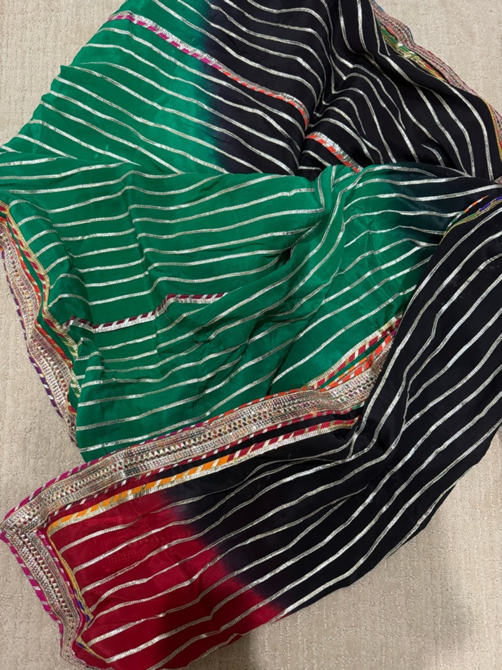 Elegant Green and Black Striped Women's Scarf with Metallic Trim